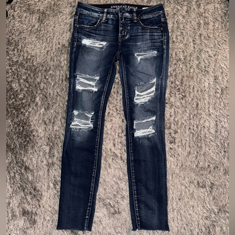 American Eagle Outfitters Women's Ripped Dark Blue Skinny-Stretch Jeans